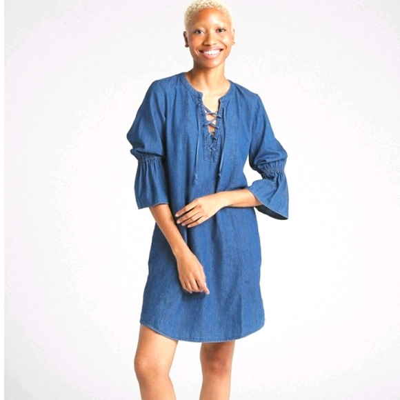 GAP Dresses & Skirts - GAP Denim Bell Sleeve Lace-up Dress w Side Pockets NWOT Size XL